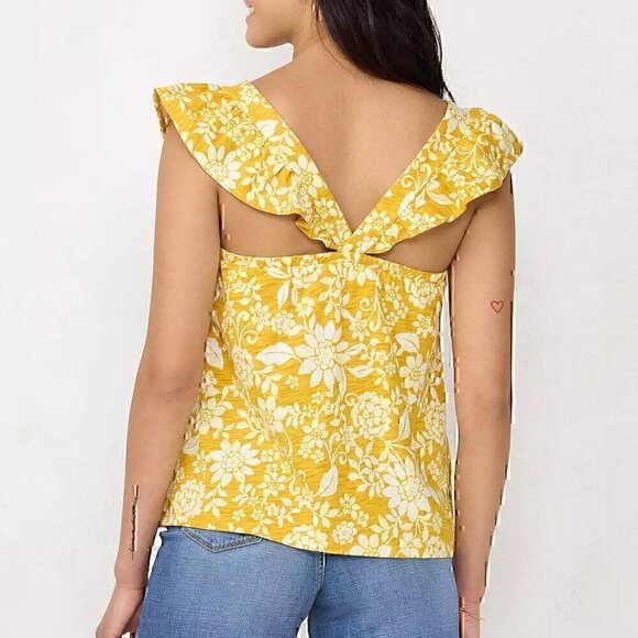 LC LAUREN CONRAD Ruffle Sleeve Cross Back Top Pastel Green Floral Jacquard Tank - Picture 3 of 12